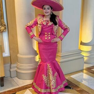Fuchsia Mexican Charro Dress with Gold Embroidery and Matching Sombrero